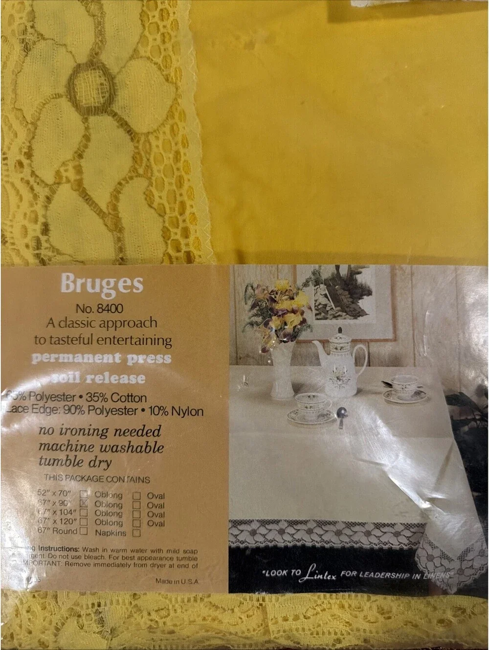 Vtg Lintex Bruges Tablecloth 67x104 Oblong Yellow Lace Permanent Press NOS NIP